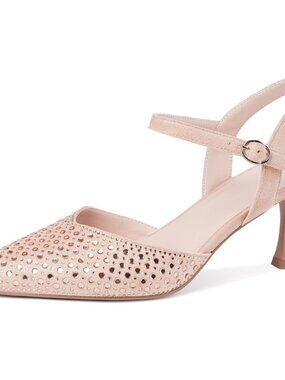 Women's Pink Rhinestone Kitten Heels Slingback Heels Dressy Pumps Ankle Strap
